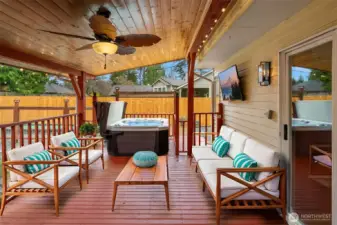 Covered patio with outdoor TV, hottub, ceiling fan for hot summer nights