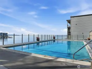 Outdoor pool just steps from the lake