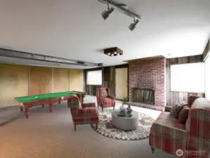 Virtually staged rec-room.   Walk out to back-yard.