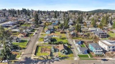 Aerial shot of the surrounding neighborhood looking West. Make the Ruston community your new home.