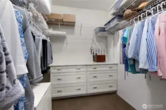 Walk-in closet adorned with multiple built-in drawers and wracks.
