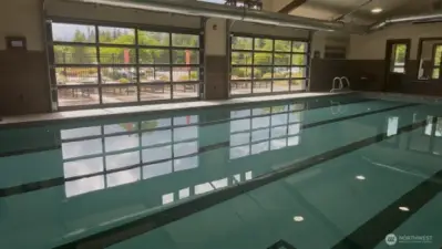 Indoor pool at the lodge (The Tides) has roll-up garage doors with seating adjacent so it feels like an outdoor pool yet it's comfortable all year-round. Pool activities include water aerobics and team pool-volleyball and more. Amazing feature: IT DRAINS IN 4 MINS TO SUPPORT UP TO 100 PARTICIPANT EVENTS.