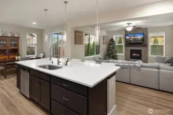 The transition from kitchen to family room is seamless room for entertain all your friends.