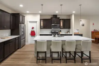 Light filled open concept kitchen with slab quartz countertops and island, room for everyone.