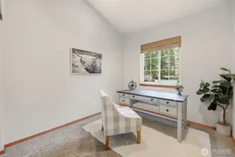 Bedroom #1 with vaulted ceilings off of the great room