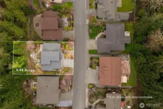 Aerial view showing the property size and approx. boundaries, and abutment to Galbraith mountain trail system
