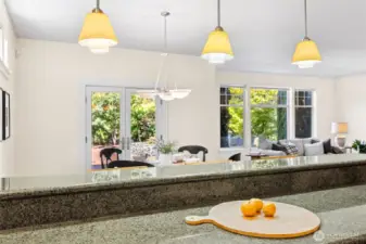 Granite countertops flow to living areas
