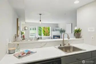 New quartz countertops in kitchen.