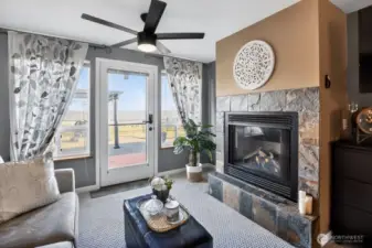 Downstairs Primary Suite Propane Fireplace & Bay Views
