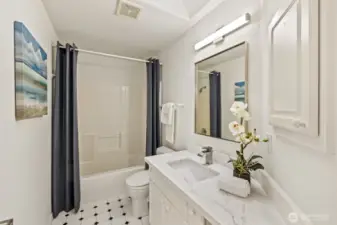 Remodeled upstairs hall bath with new granite counter.