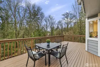 Entertainment size deck with tranquil views of the park-like yard.