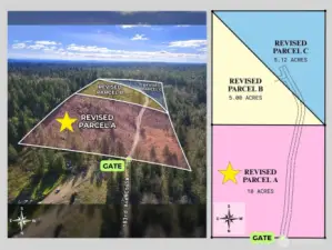 Overhead view with approximate boundaries. Subject property with yellow star.