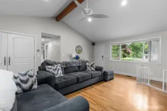 Open living with hardwood floors,