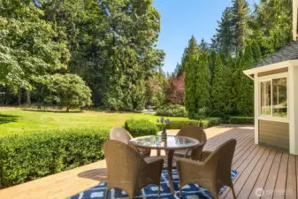 Beautiful deck overlooking flat yard