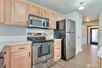 Stainless steel appliances and lots of cabinet space.