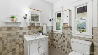 Upstairs full bath updated with vintage-style finishes