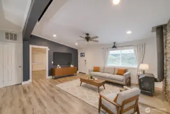 Light-filled, open living room, Virtually staged image for illustrative purposes only