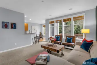 The family room looking into the eat-in kitchen.