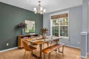 The formal dining room is light and bright.