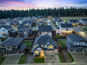 Aerial, exterior, viewing north