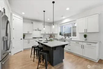 Kitchen, island, quartz counters, stainless appliances