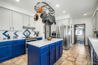 Large kitchen extends into butler's pantry and laundry room