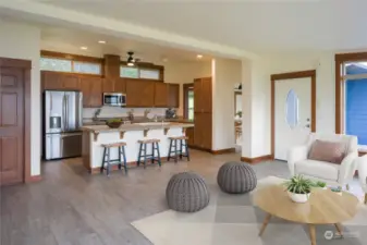 Kitchen and living room, virtually staged