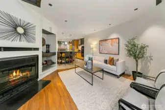 Custom wood-burning fireplace and metal built-in shelving!