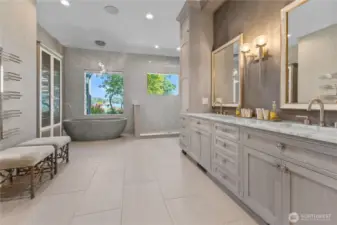 Large Primary bathroom (heated floors), specialized Artistic Italian wall tile from Italy – Cerused oak finish Plato cabinetry