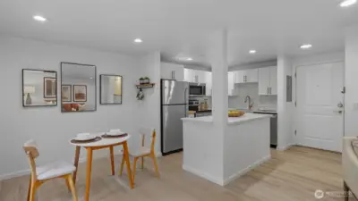 Ample sized dining area for a larger table, or add more furniture pieces.