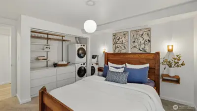 Amazing built-ins and so handy to have the W/D in your room.