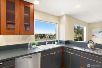 Sink area with a fantastic City view.  Makes doing dishes a joy.