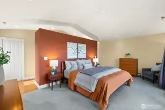 Another view of primary bedroom.  Tall ceilings and very spacious.