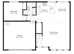Floor plan of the main level.  Note upper left bedroom and close bath.