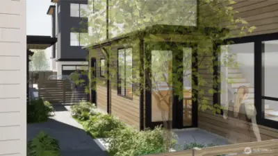 Lush green landscaping meets crisp lines and modern angles in this rendering. Imagine strolling home along this dreamy pathway after grabbing a coffee nearby!