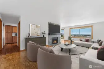 Spacious living room with stunning Puget Sound and island views.