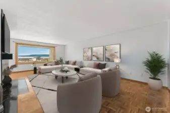 Spacious living room with gas fireplace, and Puget Sound views.