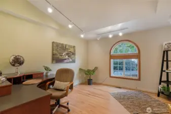 Located on the main floor, this flexible space functions beautifully as a dedicated home office or guest bedroom. Arched window brings in natural light and frames a view of the manicured front landscape, while hardwood floors and track lighting add warmth and practicality. Ideal for remote work, creative pursuits.