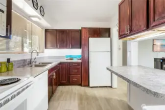 The owner created some extra storage with space next to the fridge. That's a long panel drawer with a lot of shelves built into it.