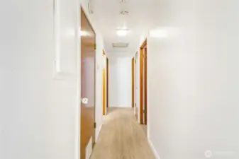 Hallway to the bedrooms, and the furnace/hot water tank storage closet on the left.