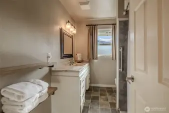 3/4 bath between main level bedrooms, walk-in shower