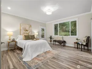 The private primary suite is tucked away in the back corner or the home. You have a nice view of the greenbelt.