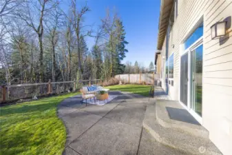 Large patio in private backyard facing wooded area: great for outdoor relaxation.