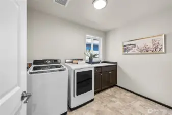 Laundry room with sink on upper level.
