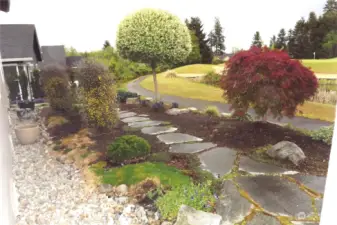 Backyard landscaping with open view to golf course.