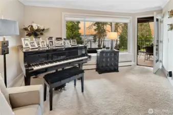 Deck access and large window open to the west-facing views of the lake and mountains.