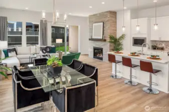Dining, kitchen and great room, photos for illustrative purposes.