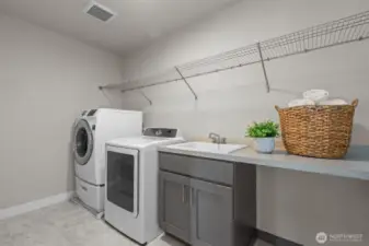 Upstairs laundry room with utility sink