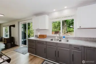 Kitchen features ample cabinetry, updated counters, and access to backyard.