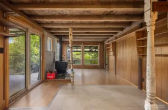 Living room with newer wood stove.